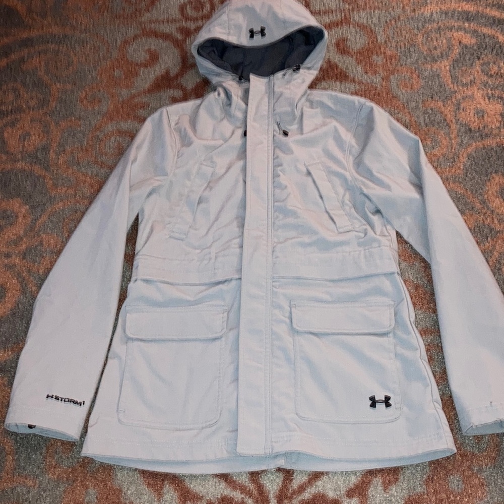 Under armour storm gray Sz small long hooded jacket front zip w/ pockets